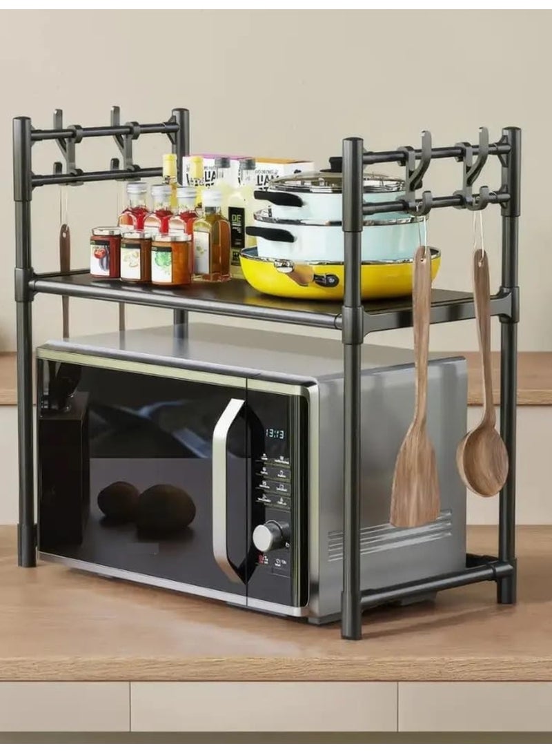 DubaiGallery Freestanding Countertop Microwave Rack with Upper Utility Hooks and Lower Storage Shelf, 60x33x54cm Black Metal Kitchen Organizer for Appliances and Accessories - Image 4